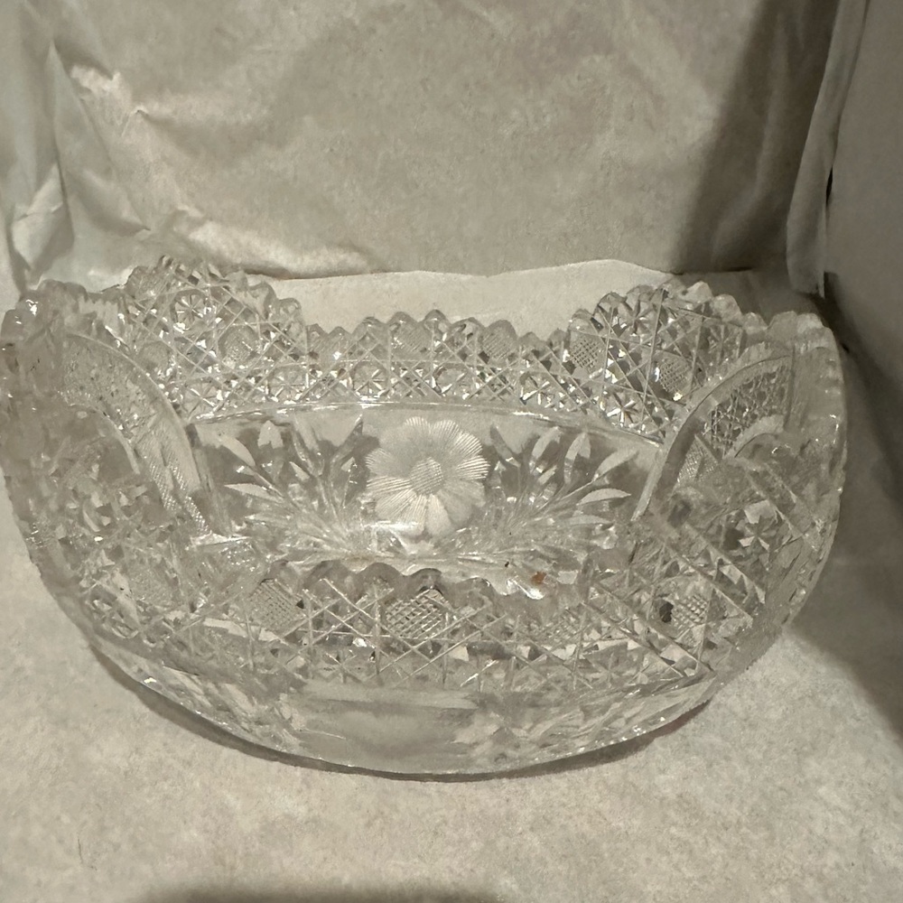 Etched Crystal Serving  Oval Dish Bowl Sawtooth Cut Edge Daisy Elegant